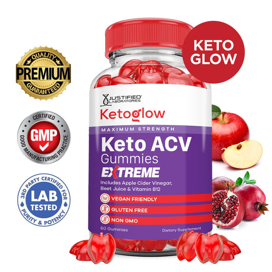 Justified Laboratories Keto Glow Gummies jar display showing vegan, non-GMO formula