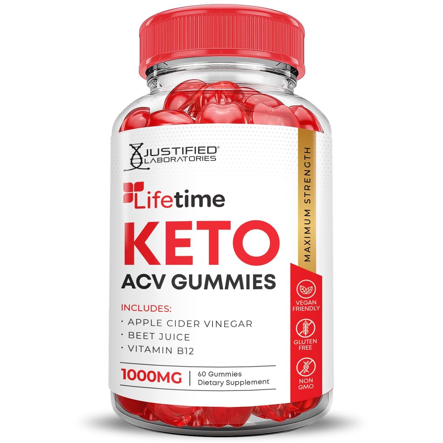 Justified Laboratories Lifetime Keto ACV Gummies 2-pack on shelf emphasizing value and routine use.