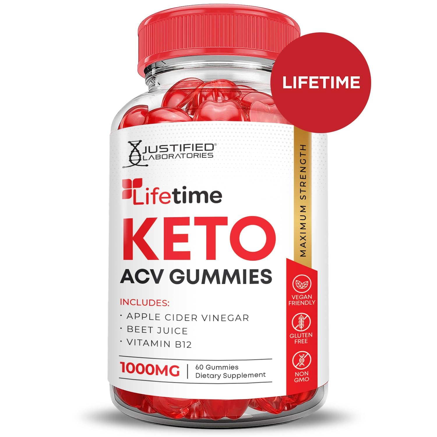 Justified Laboratories Lifetime Keto ACV Gummies vegan non-GMO label close-up for dietary-friendly choice.