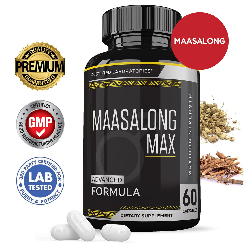 Justified Labs Maasalong Max 1600MG bottle back shows ingredients and dosage