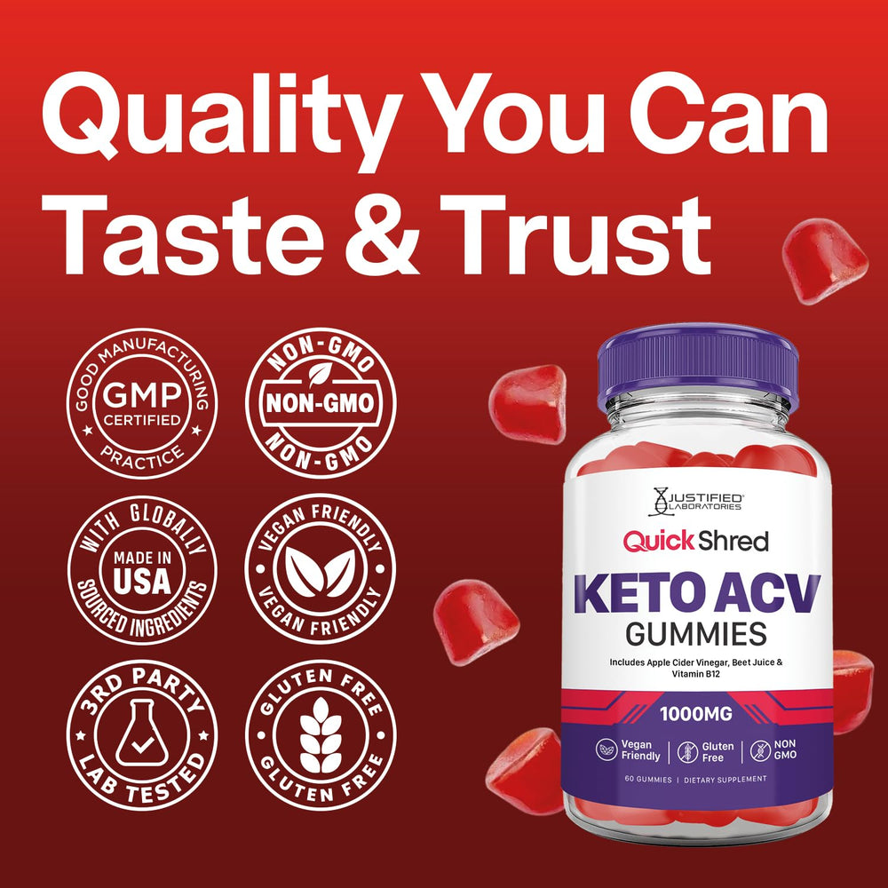 Justified Laboratories Quick Shred Keto ACV Gummies B12 and folate visuals indicating daily vitamin support.