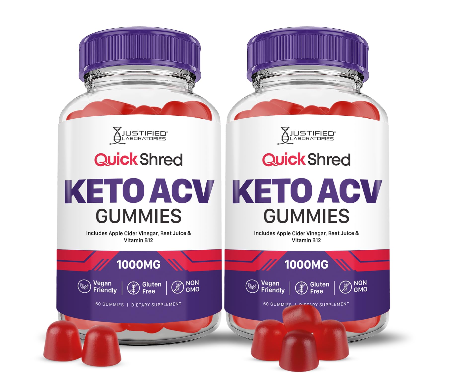 Justified Laboratories Quick Shred Keto ACV Gummies bottle and gummies, convenient vegan daily supplement.