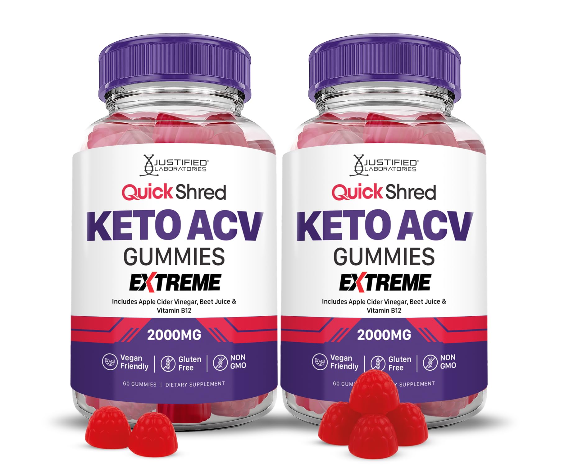 Justified Laboratories Quick Shred Keto ACV Gummies bottle with delicious daily ACV support in vegan form.