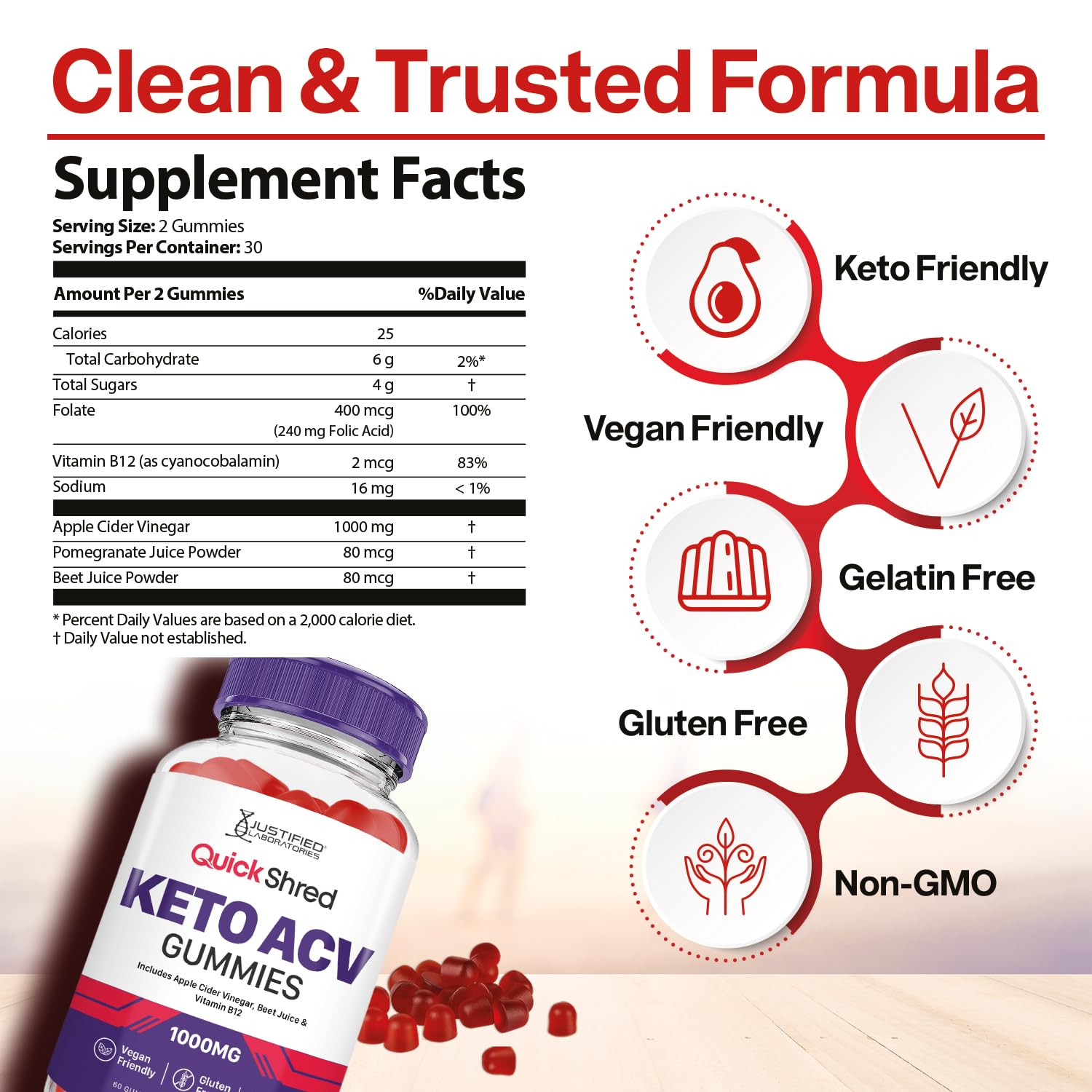Justified Laboratories Quick Shred Keto ACV Gummies Made in USA label signals trusted quality.
