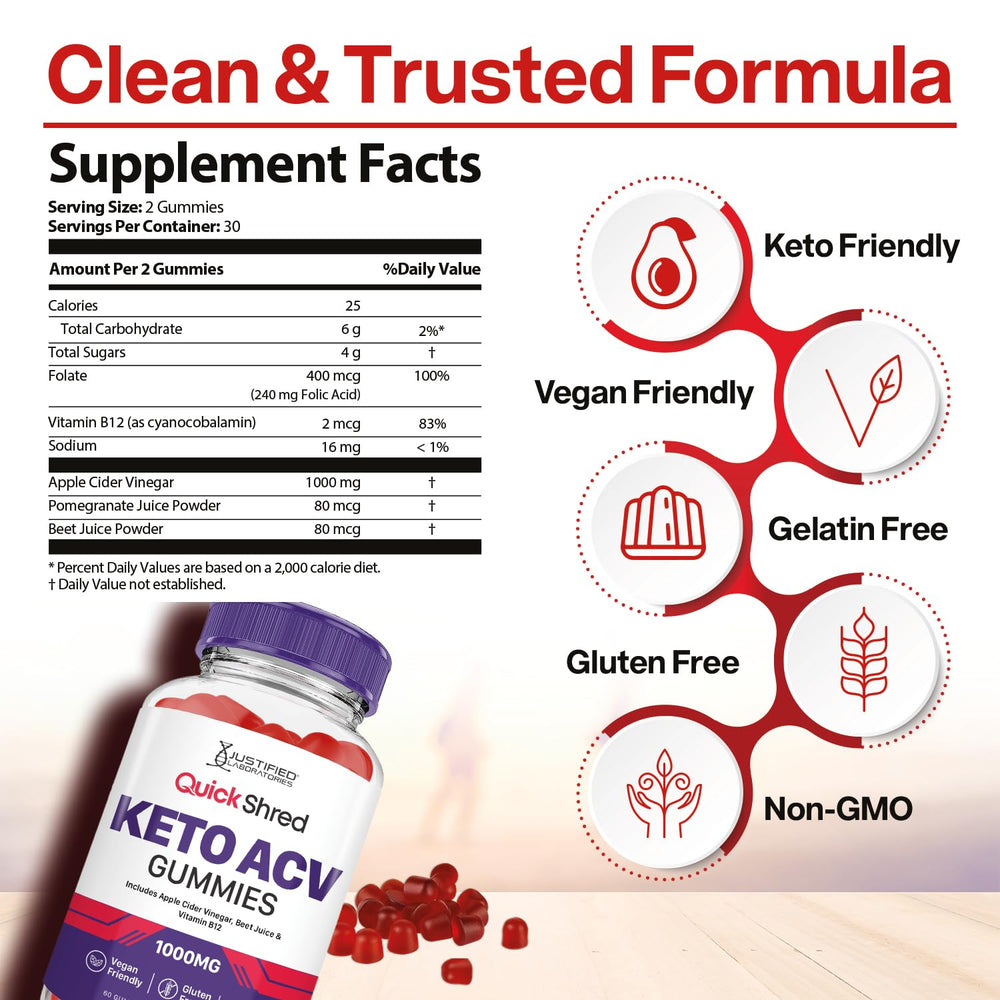 Justified Laboratories Quick Shred Keto ACV Gummies Made in USA label signals trusted quality.