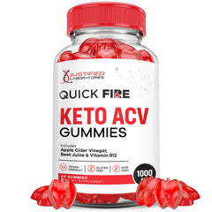 Justified Laboratories QuickFire Keto ACV Gummies bottle on a clean kitchen surface for daily routine