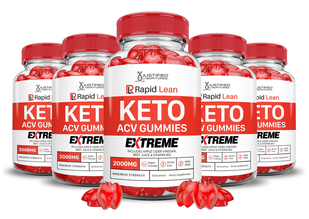 Justified Laboratories Rapid Lean Keto ACV Gummies jar on countertop, a convenient daily supplement.