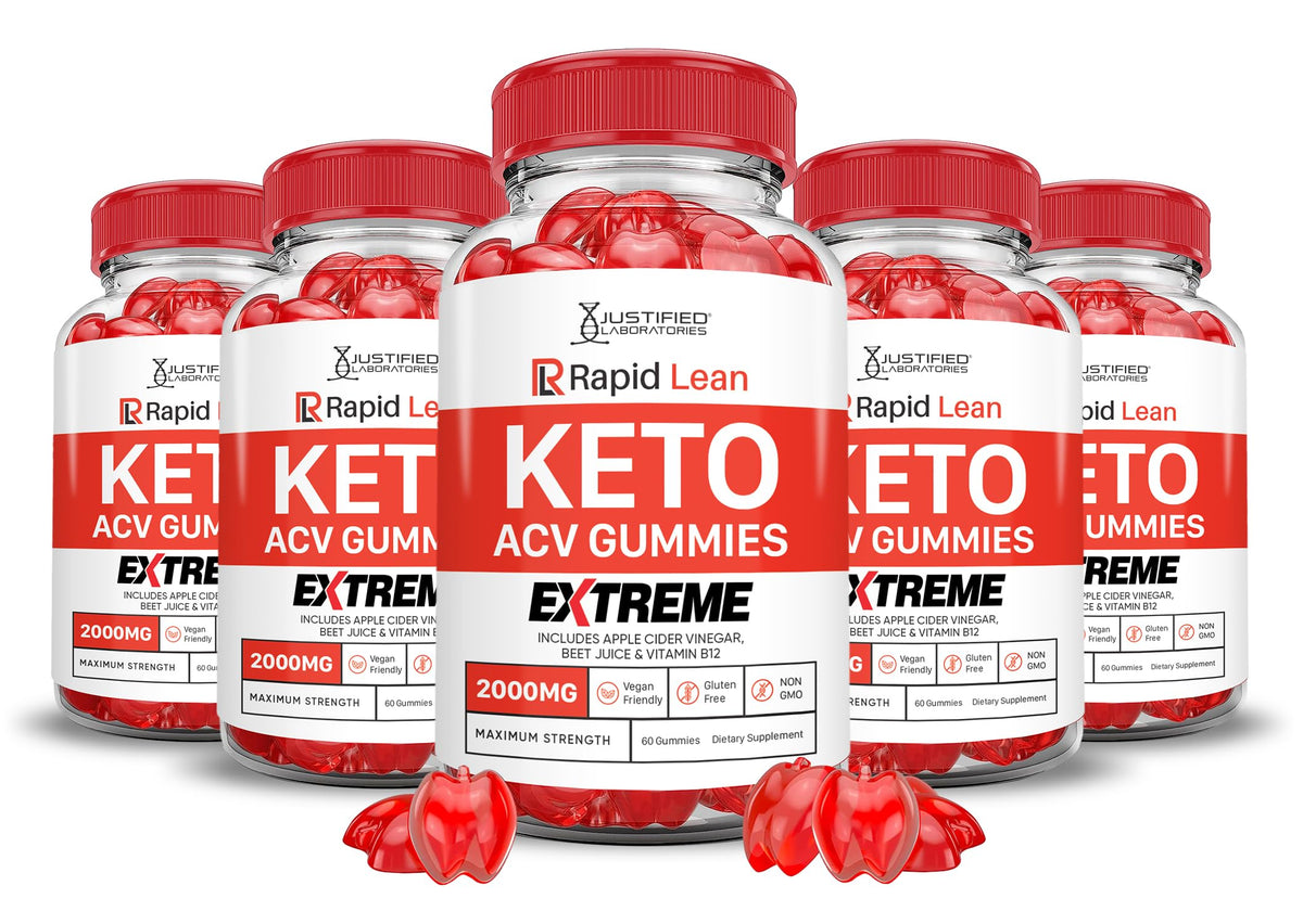 Justified Laboratories Rapid Lean Keto ACV Gummies jar on countertop, a convenient daily supplement.