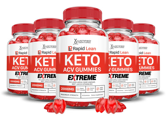 Justified Laboratories Rapid Lean Keto ACV Gummies jar on countertop, a convenient daily supplement.