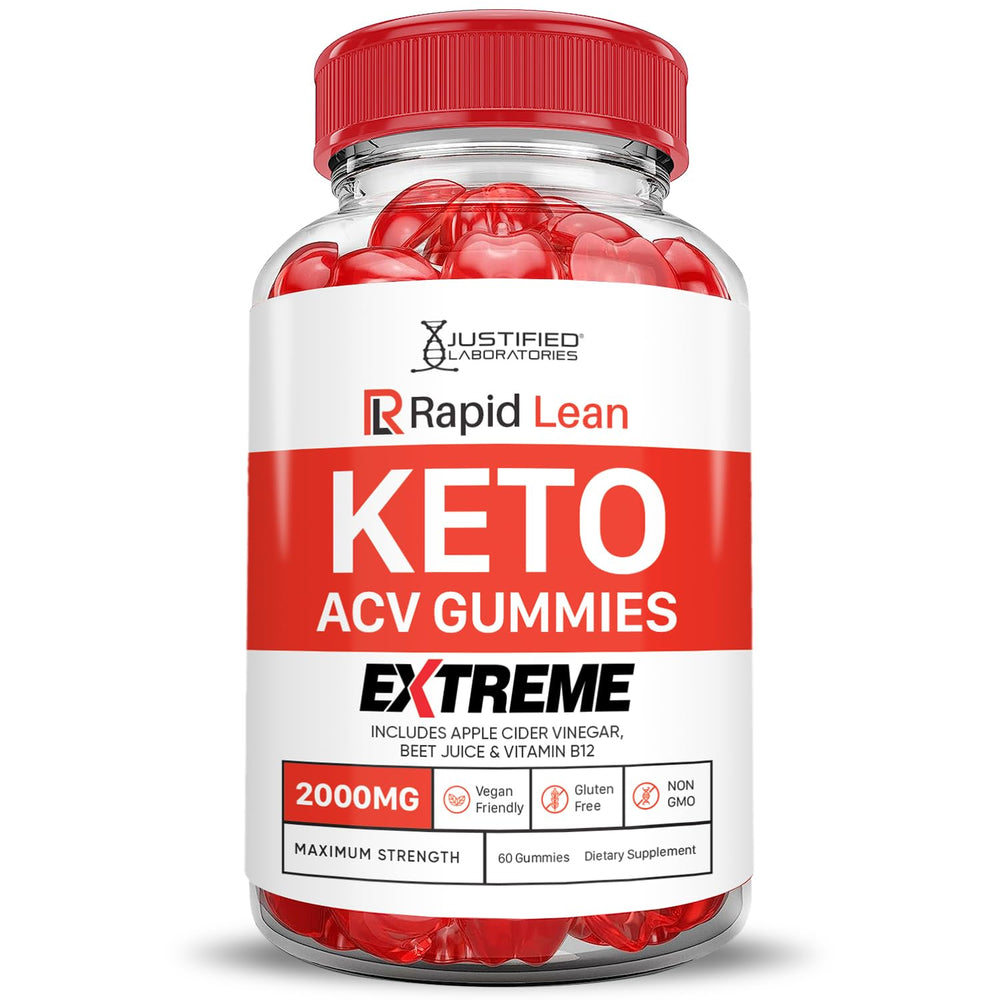 Justified Laboratories Rapid Lean Keto ACV Gummies with pomegranate and beet colors, appealing flavor cue.