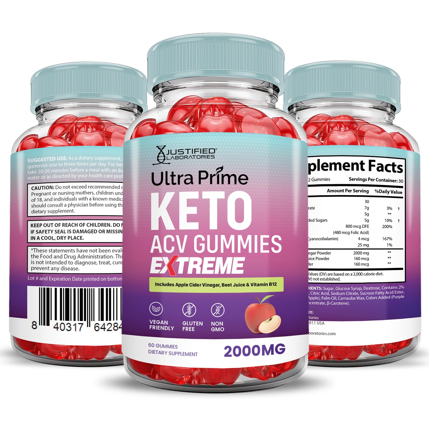 Justified Laboratories Ultra Prime Keto ACV Gummies 3-pack pack shot for value
