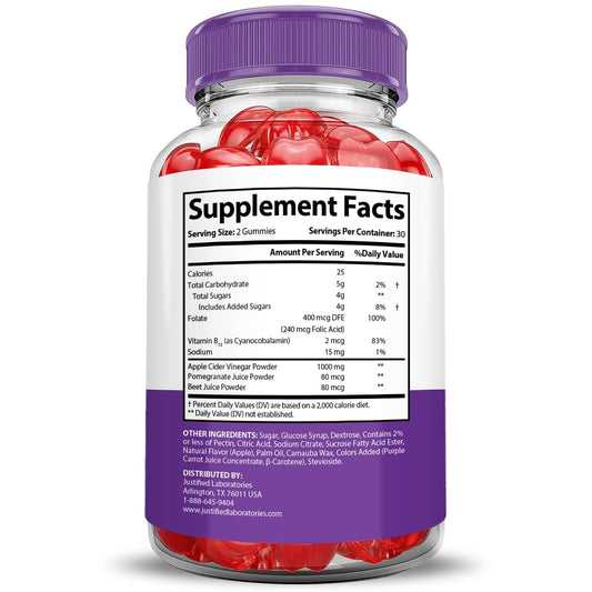 Justified Laboratories Ultra Quick Keto ACV gummies bottle label highlighting vegan formula and key ingredients