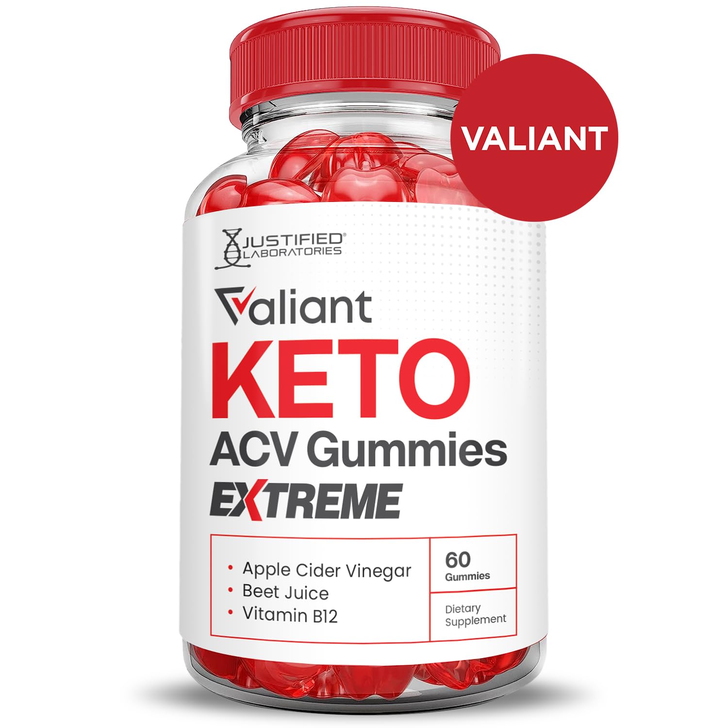 Justified Laboratories Valiant Keto ACV Gummies beet-juice-powder scene highlights natural color and nutrients.