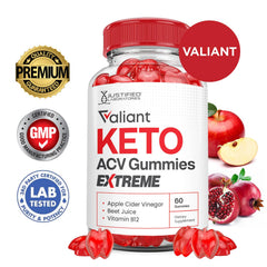 Justified Laboratories Valiant Keto ACV Gummies close-up shows chewy texture and fruity flavor.