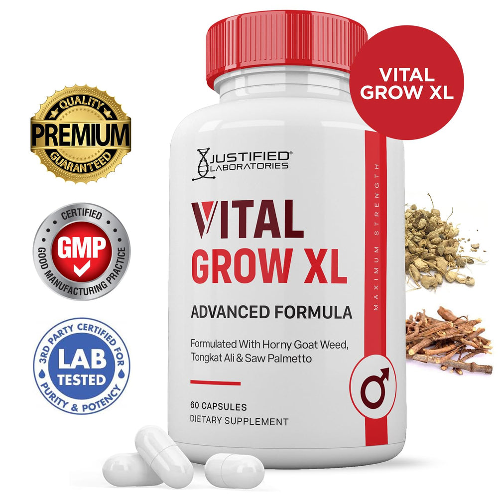 Justified Laboratories Vital Grow XL pills close-up showing easy-to-swallow capsules