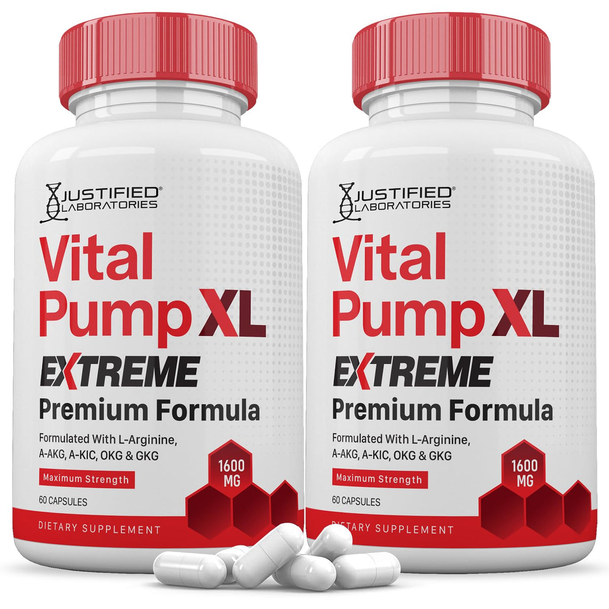 Justified Laboratories Vital Pump XL Extreme bottle front for daily vitality support and convenient use.