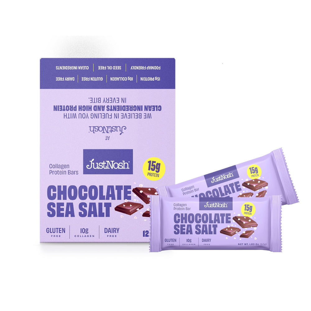JUSTNOSH Chocolate Sea Salt Bar close-up highlighting protein and collagen per serving.