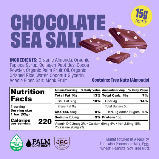 JUSTNOSH Chocolate Sea Salt Bar packaging emphasizes gluten-free, dairy-free, seed oil-free formula.