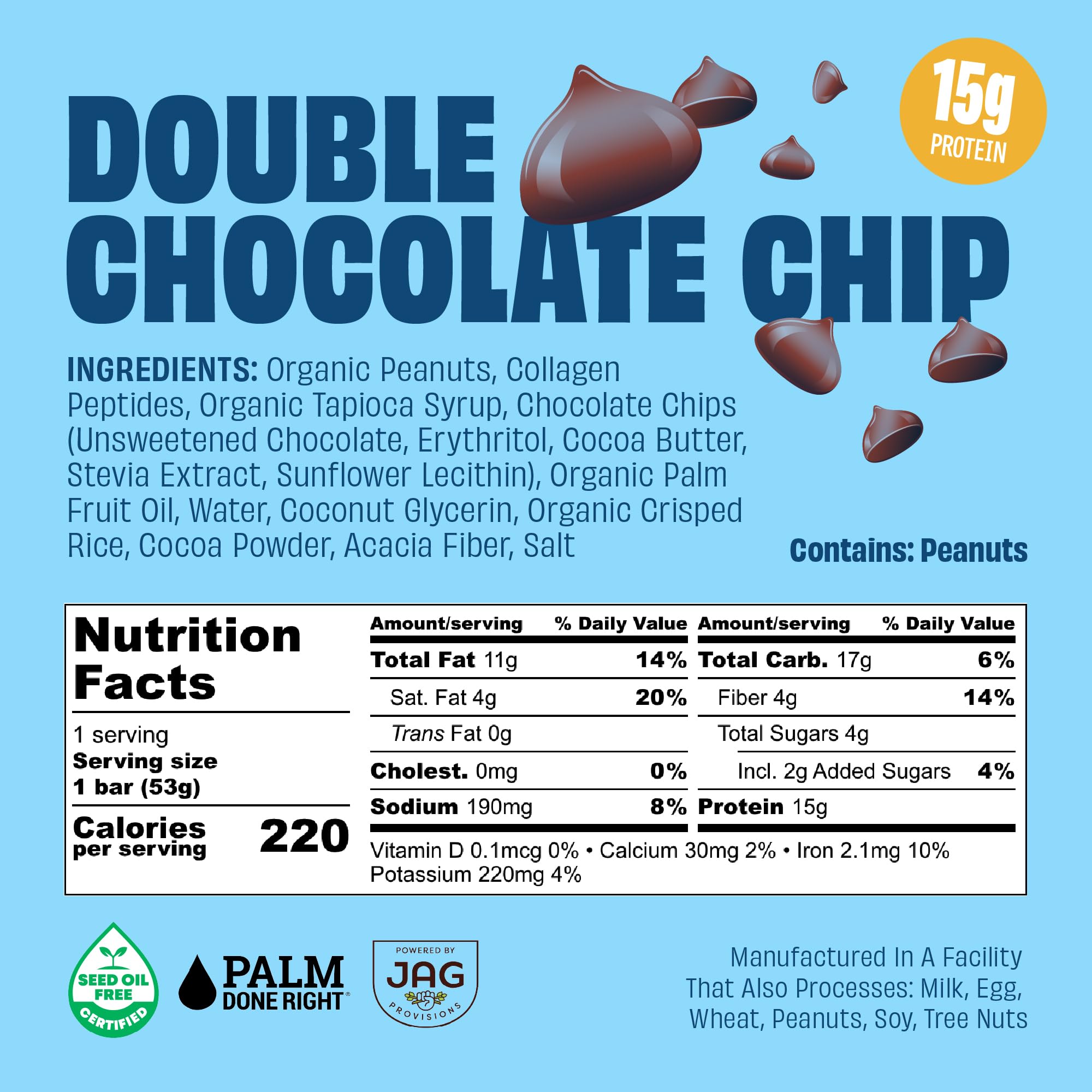 JUSTNOSH bars packaging side with clear ingredients and seed oil free claim