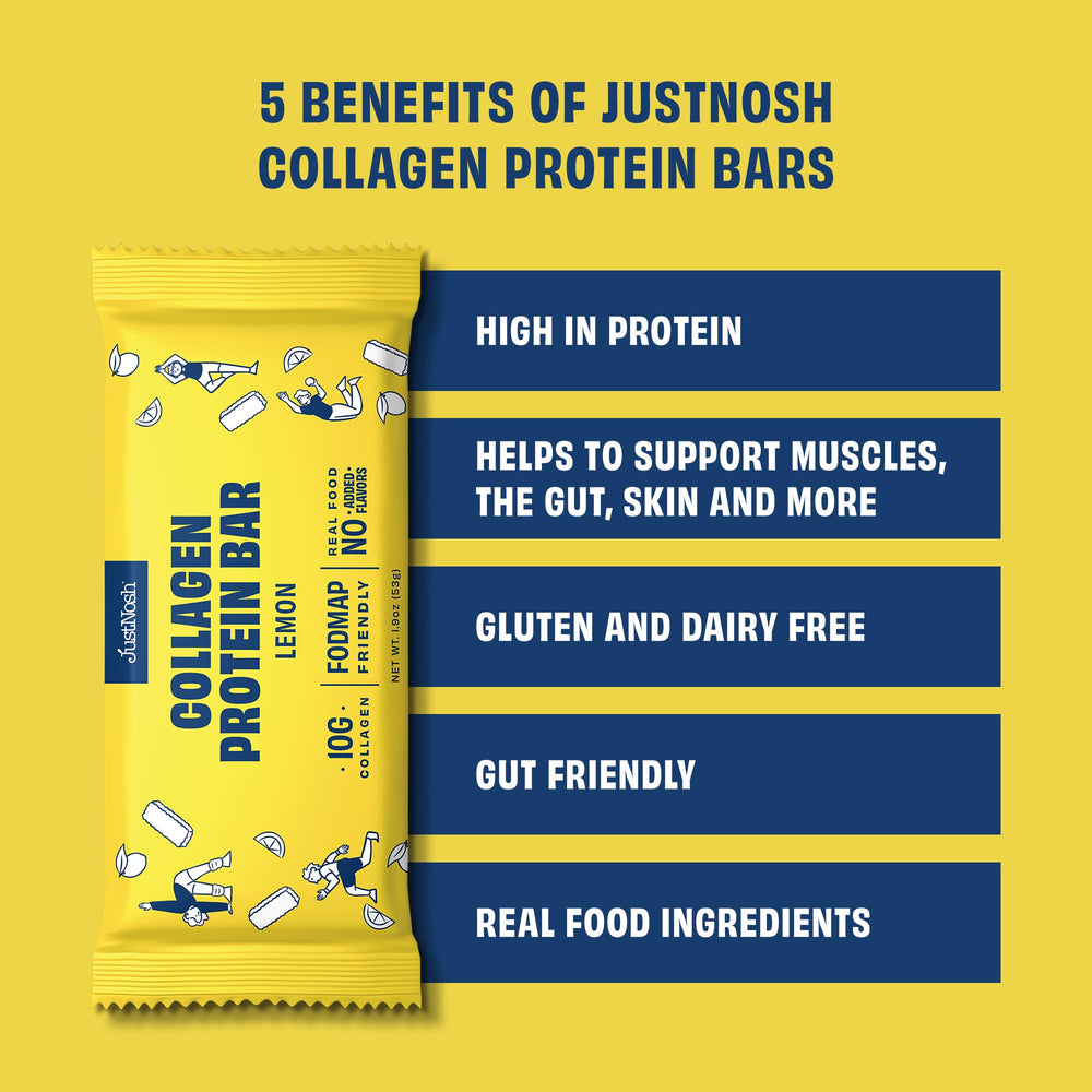 JUSTNOSH Lemon Collagen Bar label emphasizing gluten-free and dairy-free features
