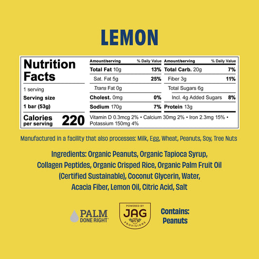 Close-up of ingredients on JUSTNOSH Lemon Collagen Bar showing gluten-free dairy-free formula