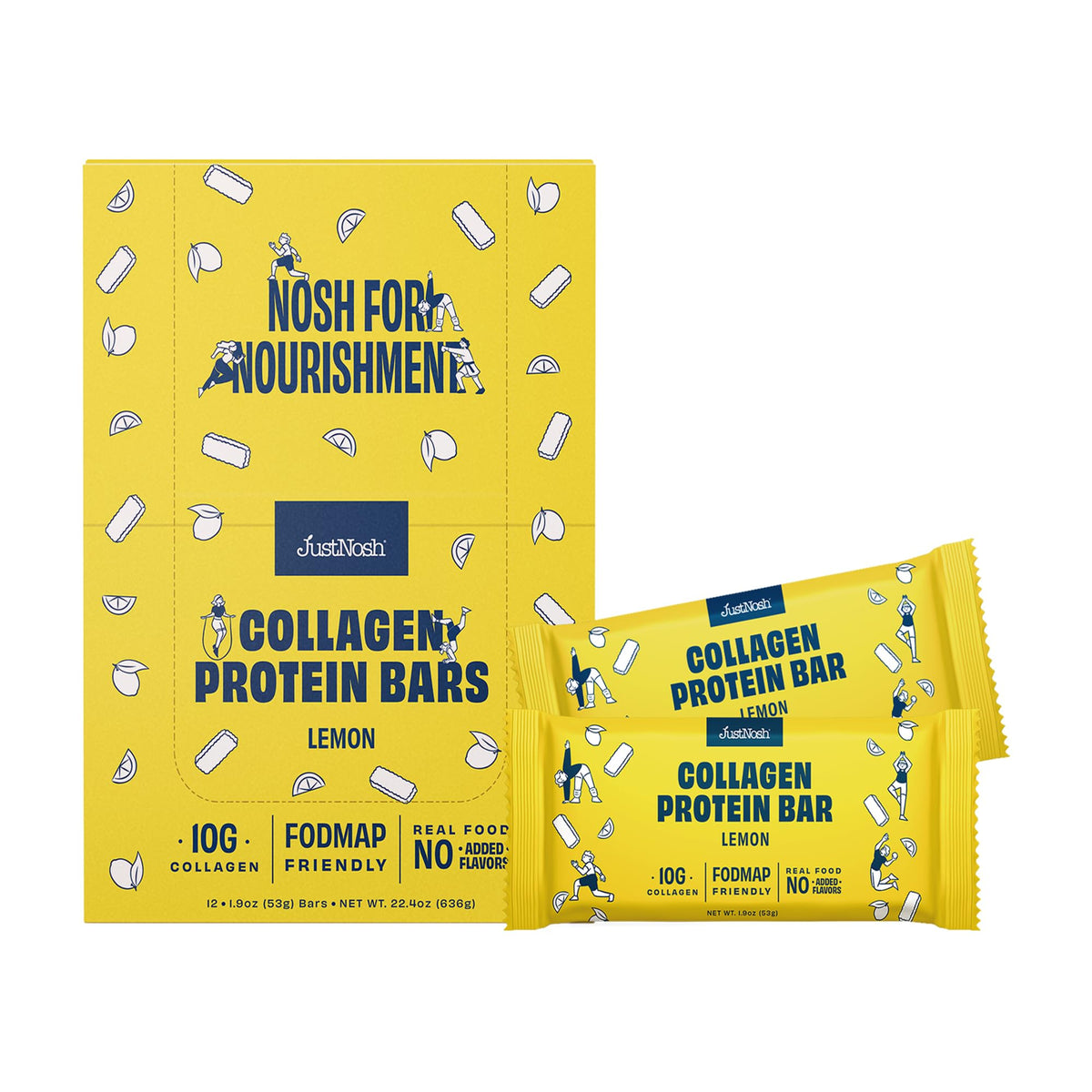 JUSTNOSH Lemon Collagen Bar pack shown as a convenient snack for busy days