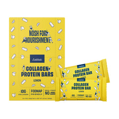 JUSTNOSH Lemon Collagen Bar pack shown as a convenient snack for busy days