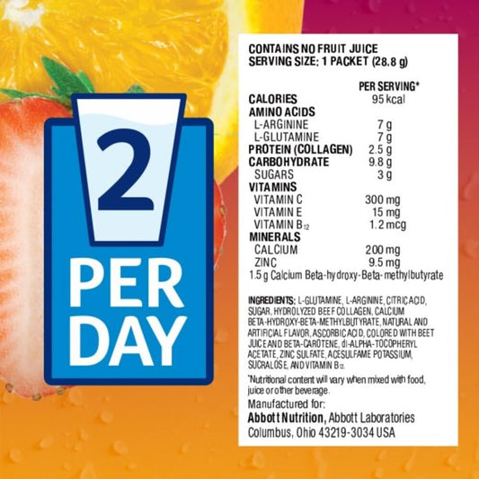 Juven Fruit Punch powder poured into glass for easy daily use.