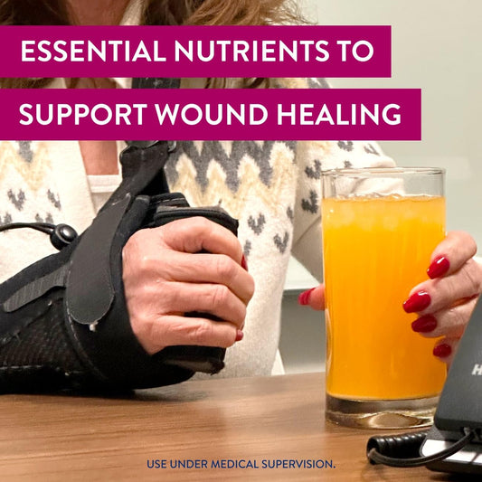 Juven orange packaging front shows powder format for potential wound support.