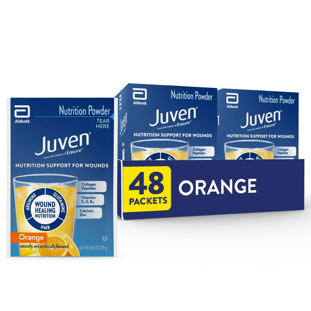 Juven orange packets close-up ready to mix for potential wound healing support.