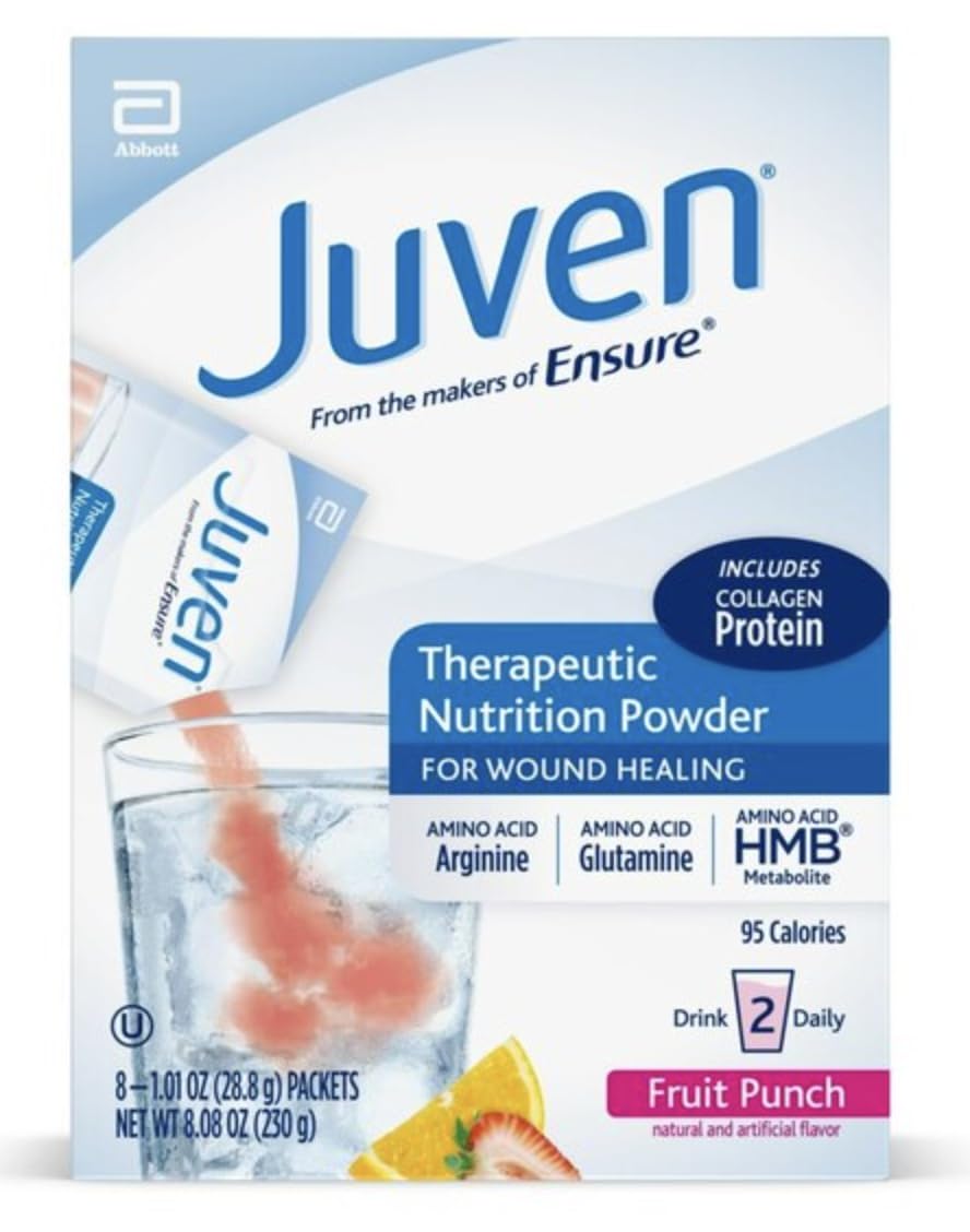 Juven therapeutic nutrition fruit punch tub packaging for wound support.