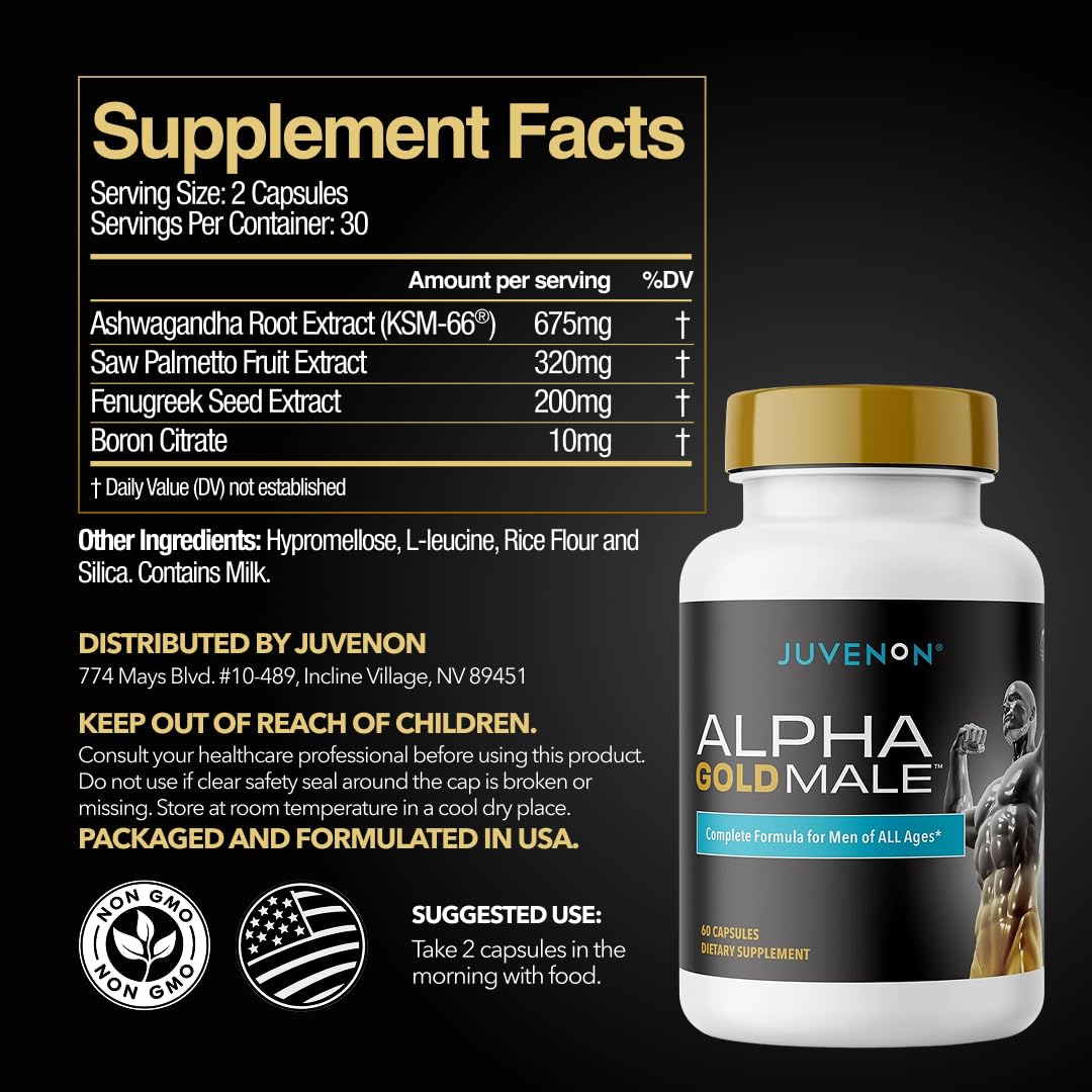 Juvenon Alpha Gold ingredients like ashwagandha and fenugreek for daily support.