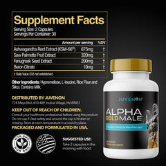 Juvenon Alpha Gold ingredients like ashwagandha and fenugreek for daily support.