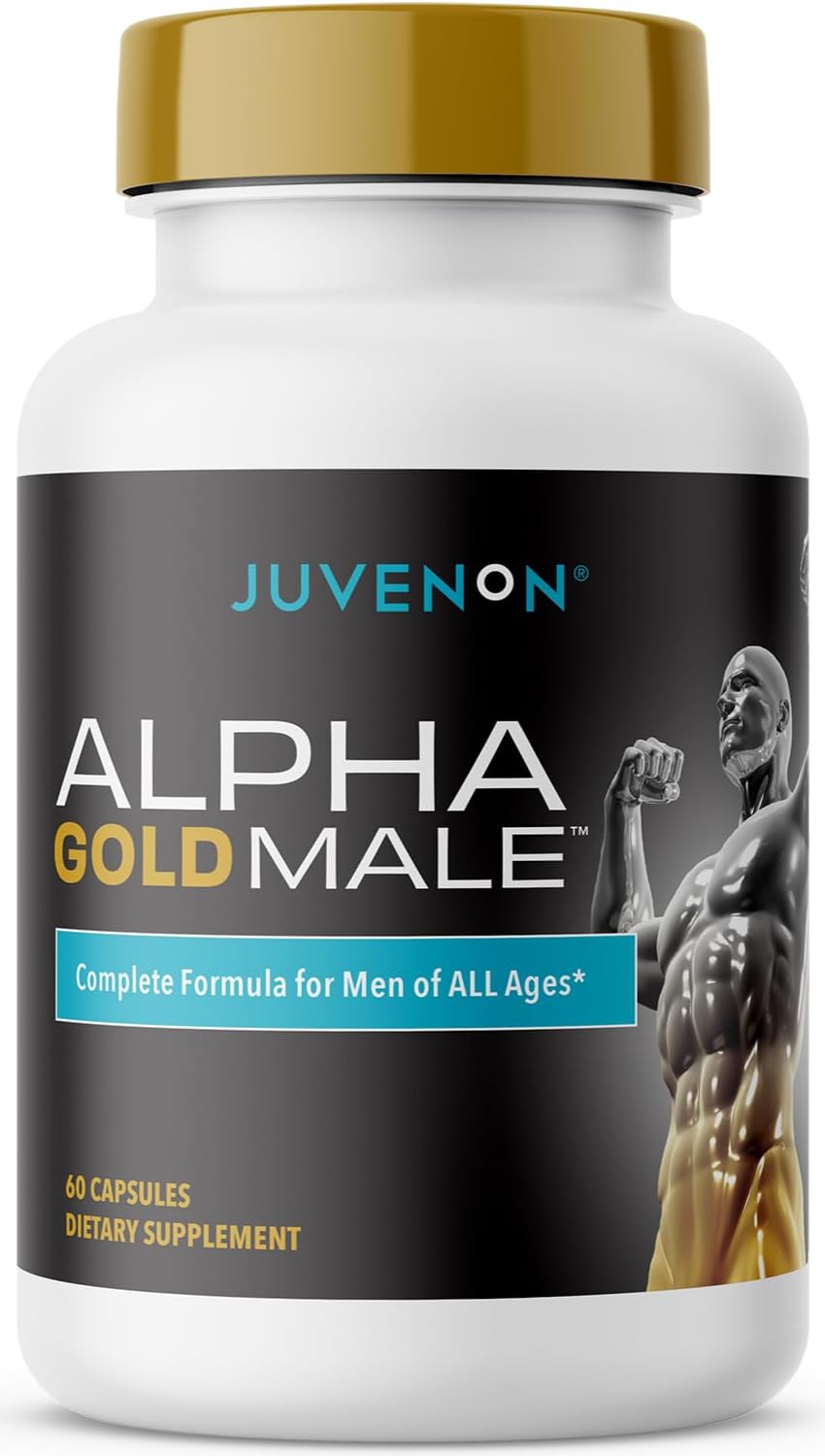 Juvenon Alpha Gold bottle on shelf for daily testosterone support.