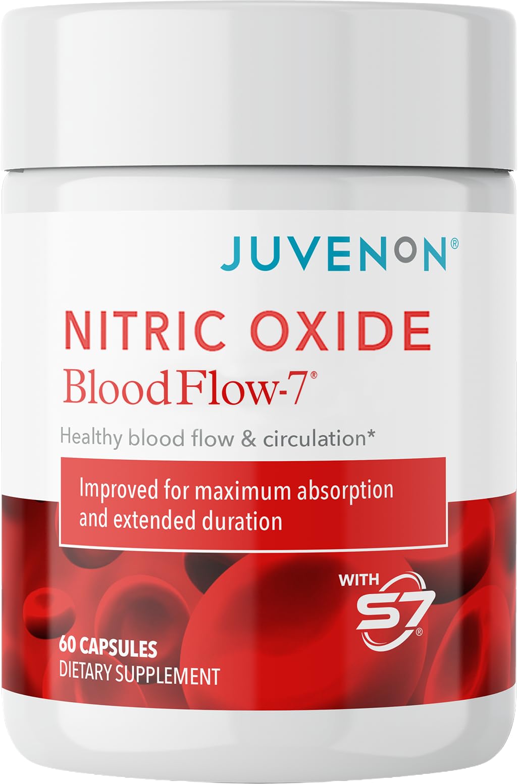 Juvenon BloodFlow-7 bottle front highlighting the packaging for daily use during workouts.