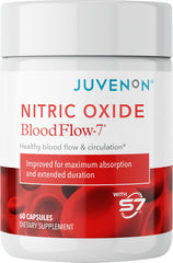 Juvenon BloodFlow-7 bottle front highlighting the packaging for daily use during workouts.