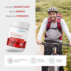 Juvenon BloodFlow-7 bottle side view highlighting portable energy support.