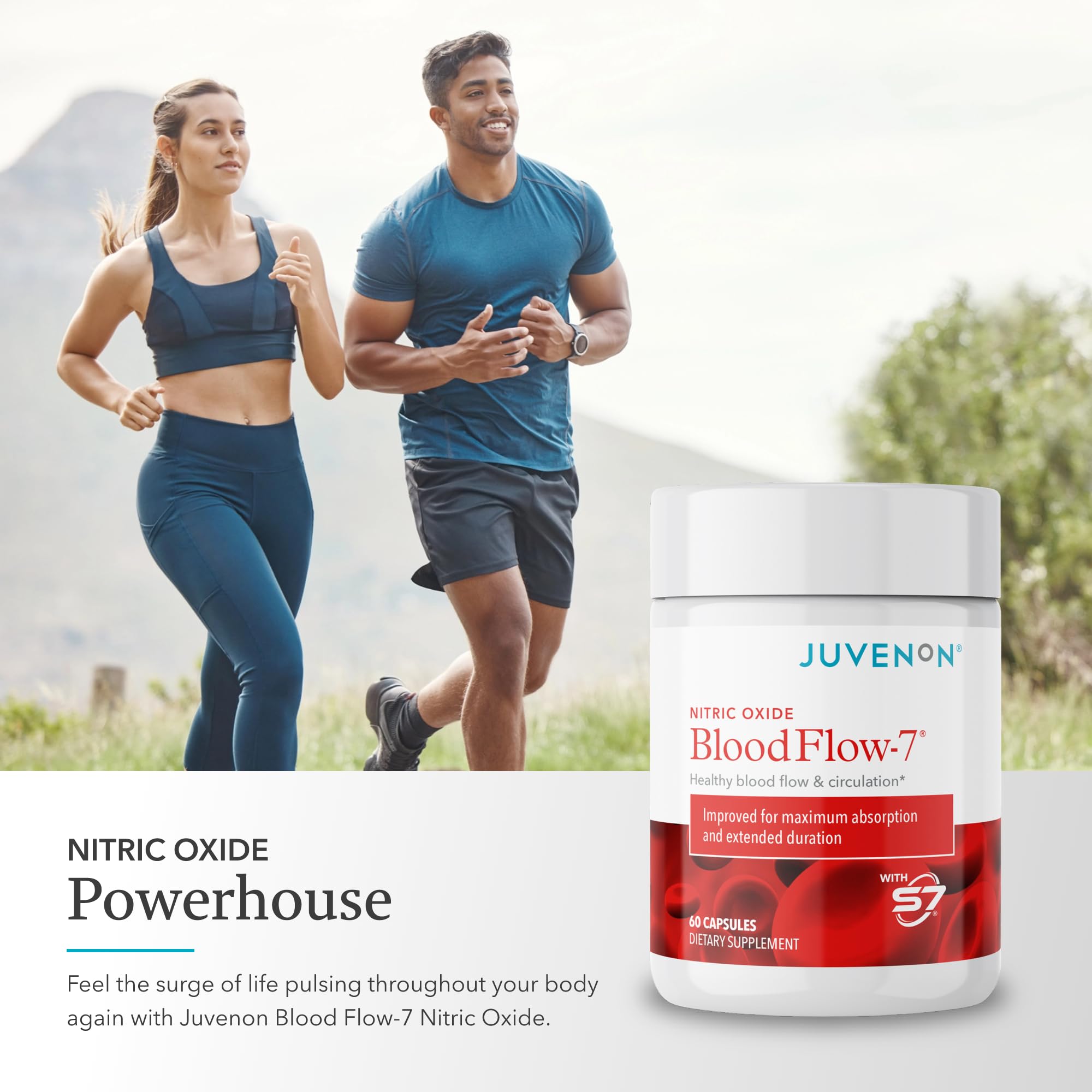 Juvenon BloodFlow-7 capsules in use during a workout session.