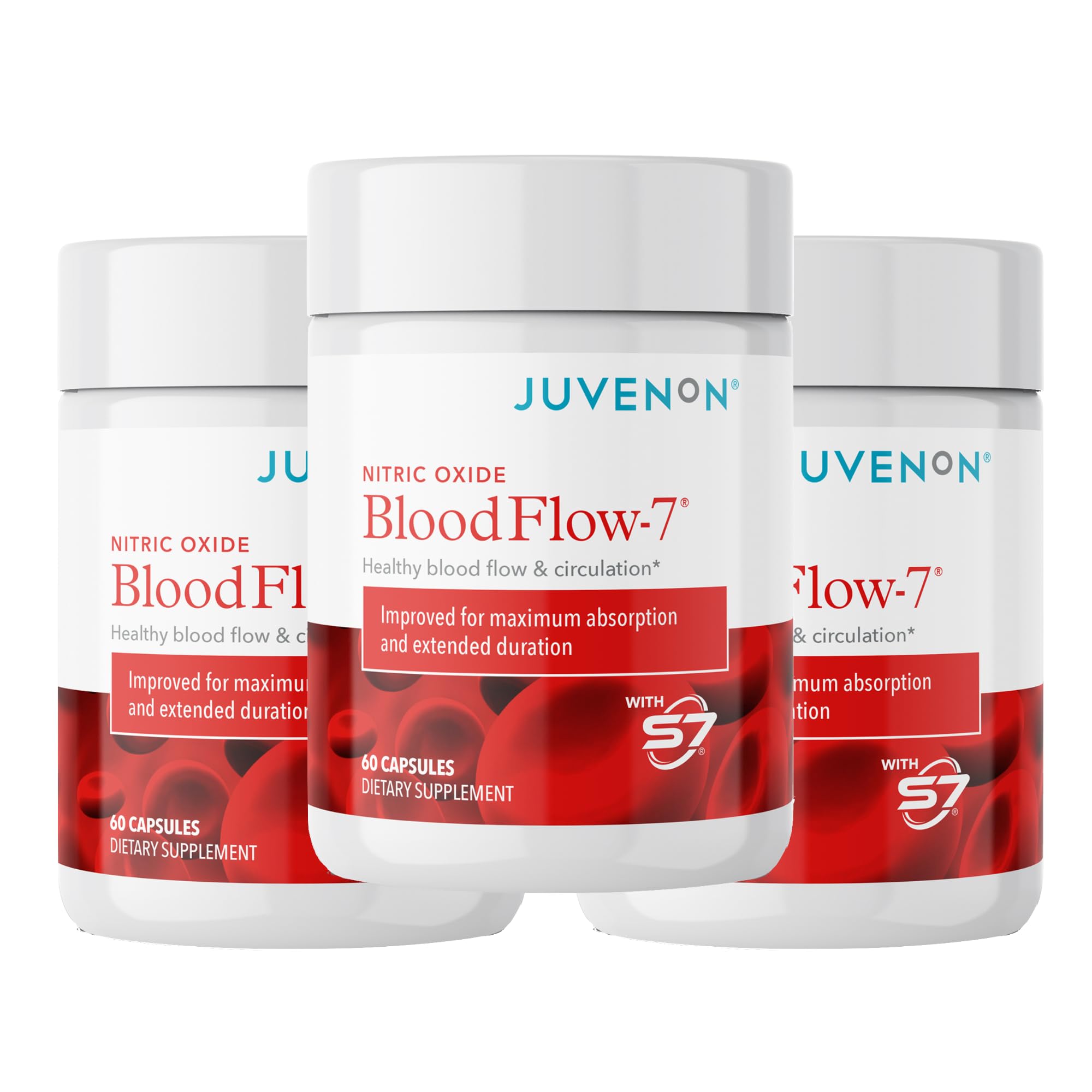 Juvenon BloodFlow-7 bottle label highlighting Nitrosigine for improved circulation.