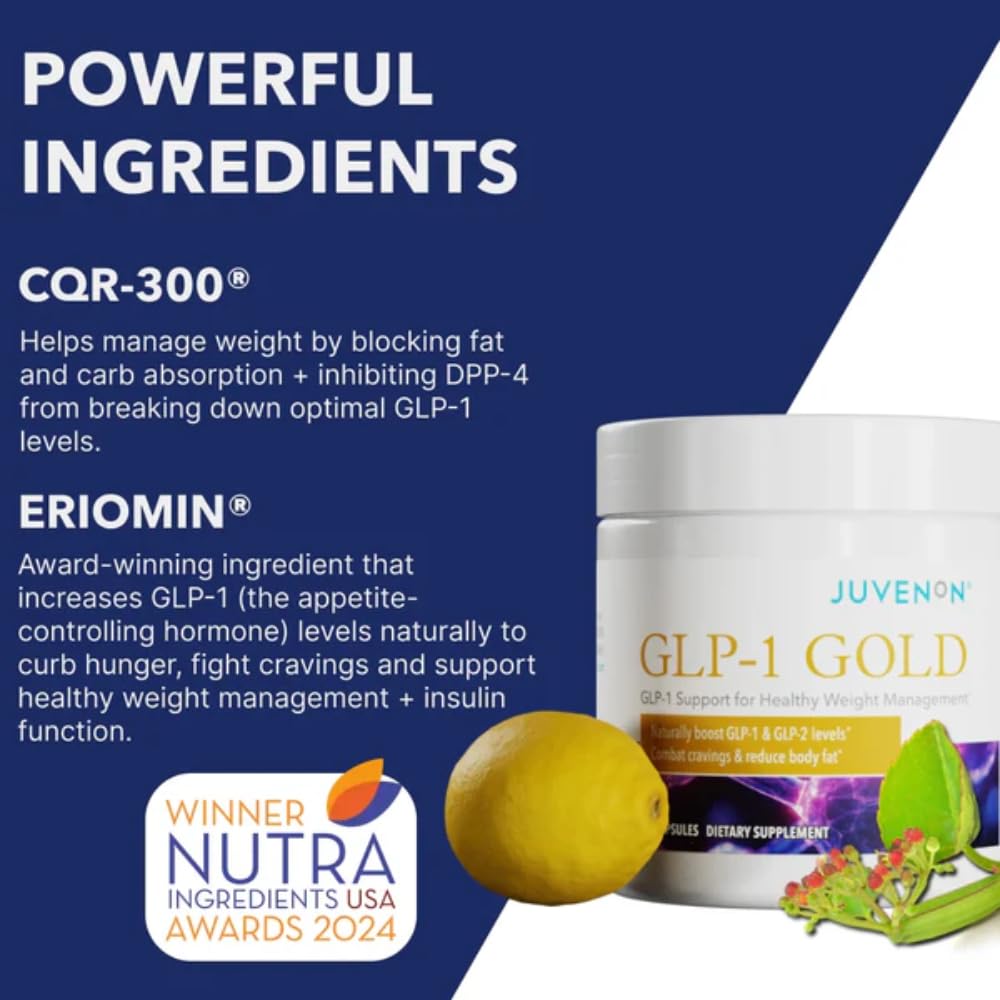 Juvenon GLP-1 Gold with water, illustrating daily supplement ritual