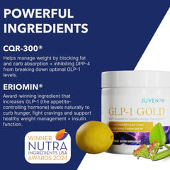 Juvenon GLP-1 Gold with water, illustrating daily supplement ritual