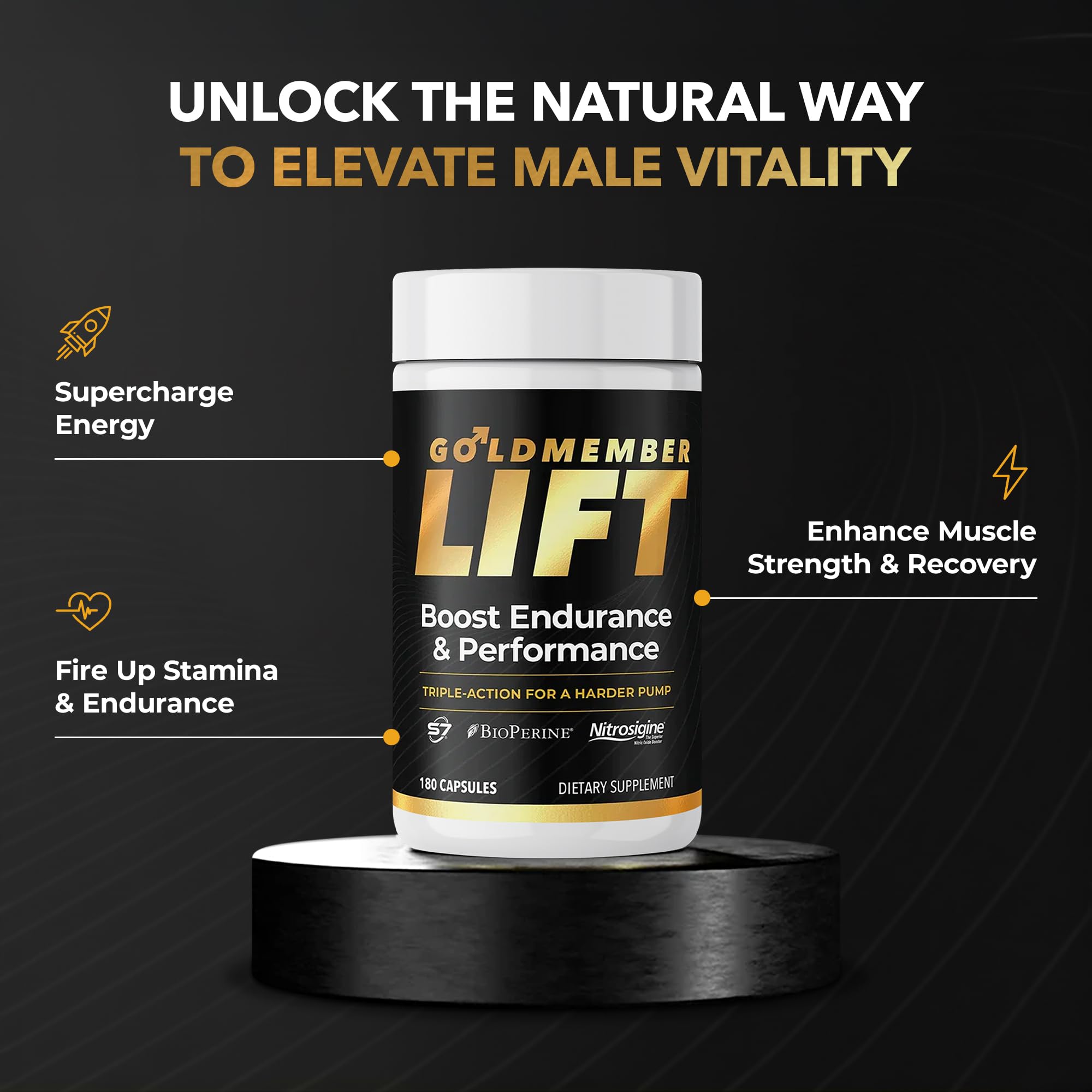 Juvenon GoldMember Lift capsule closeup highlighting Nitrosigine for endurance.
