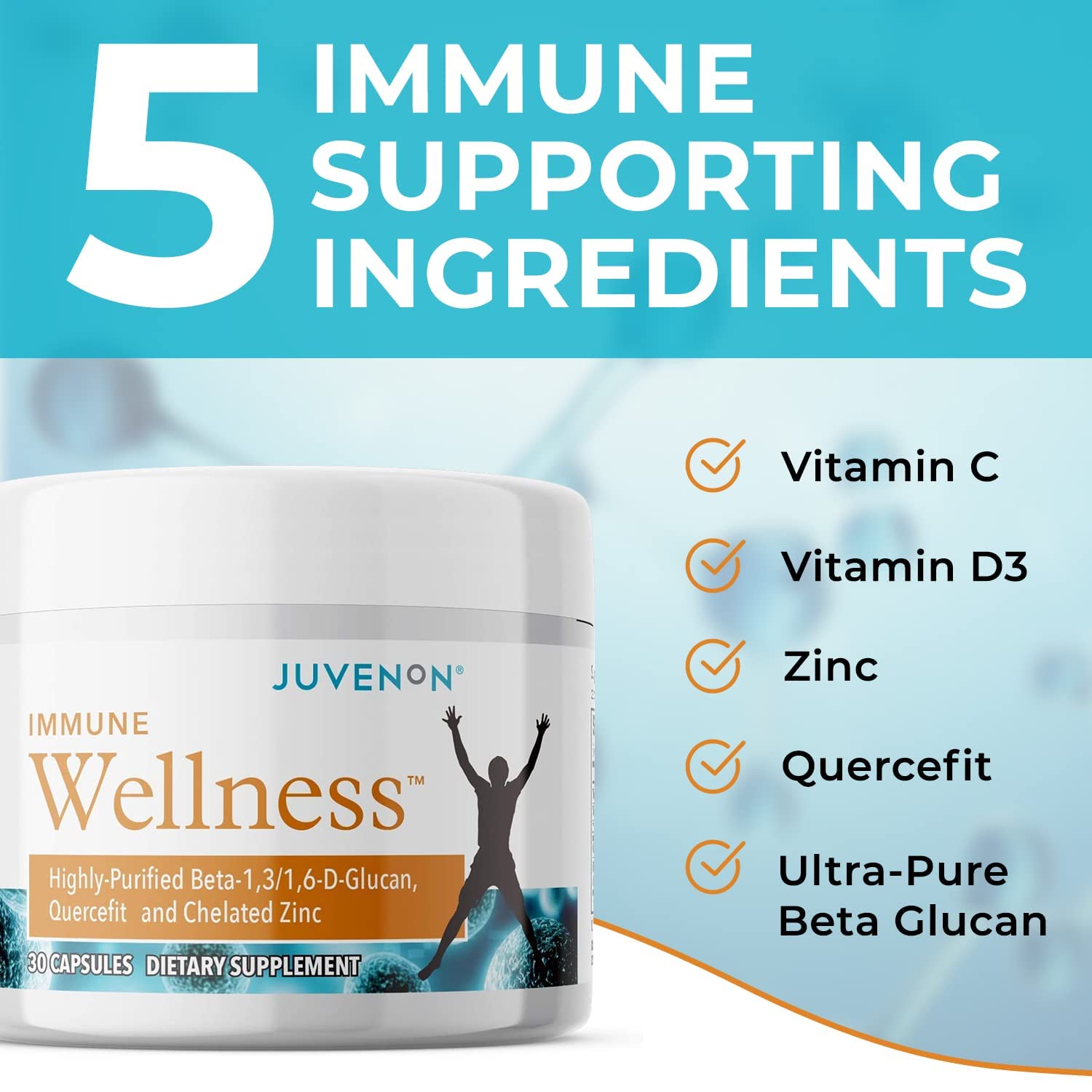 Juvenon Immune Wellness Defense label closeup highlights vitamin C and zinc benefits