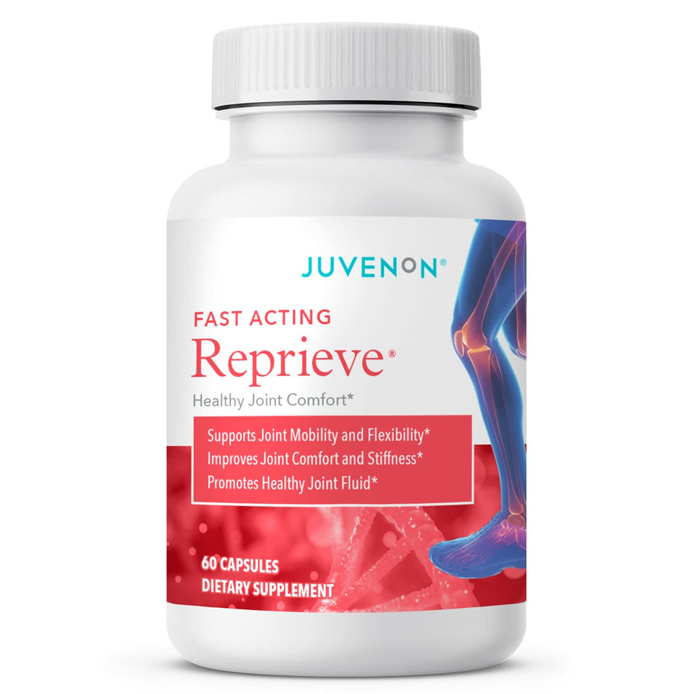 Juvenon Reprieve bottle close-up showing fast-acting joint support for daily comfort.