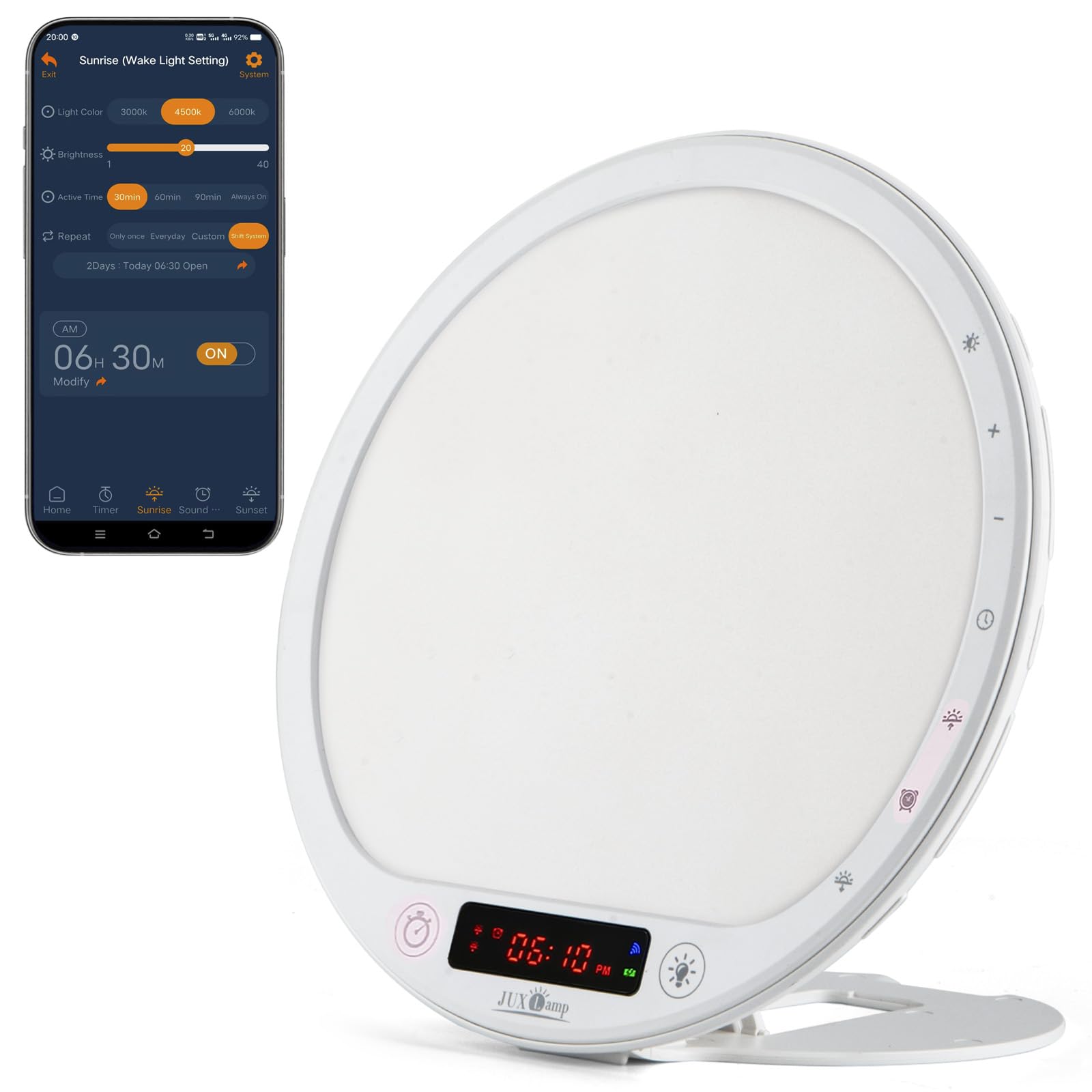 JUXLamp light therapy alarm clock delivers 10,000 lux at close range for a bright wake-up