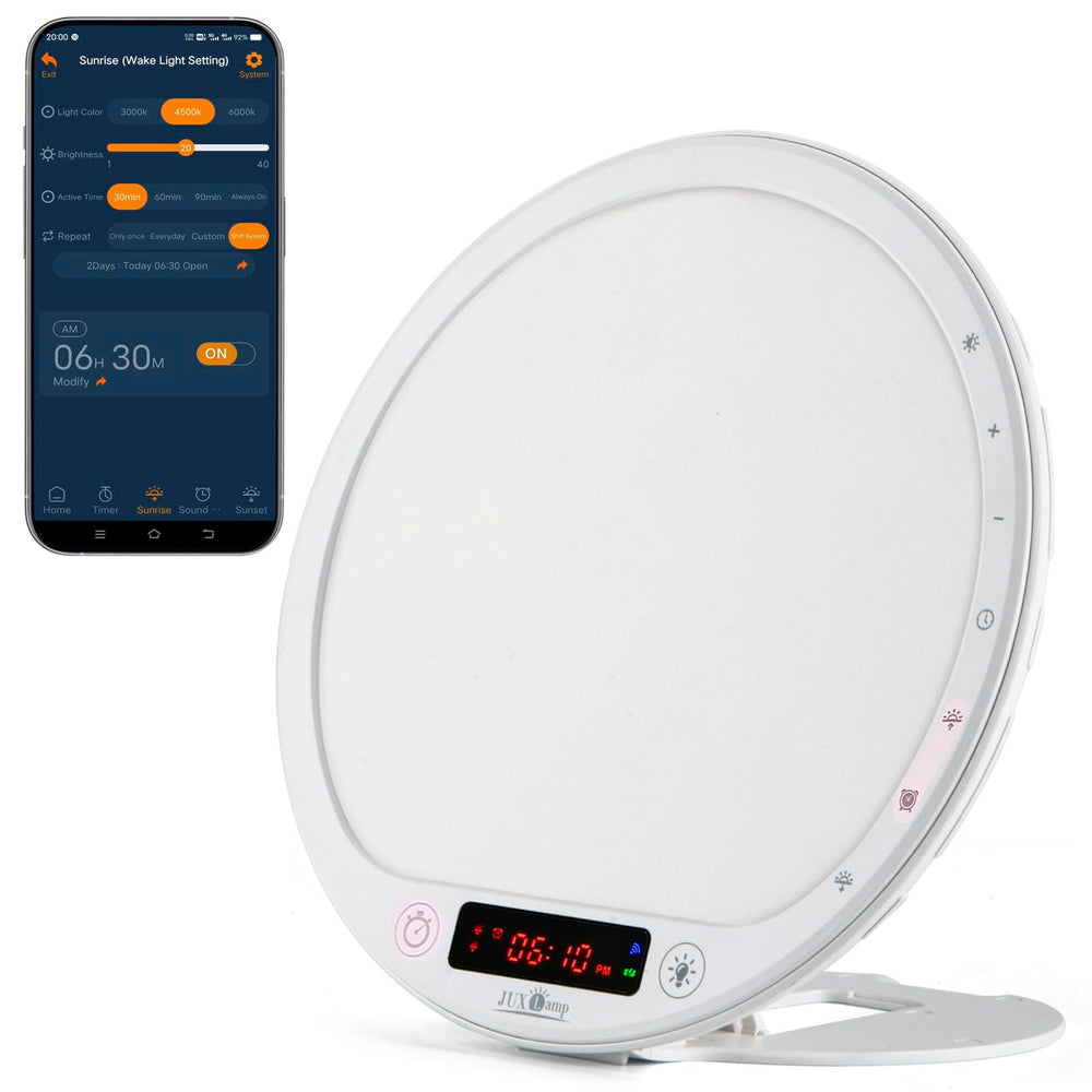 JUXLamp light therapy alarm clock delivers 10,000 lux at close range for a bright wake-up
