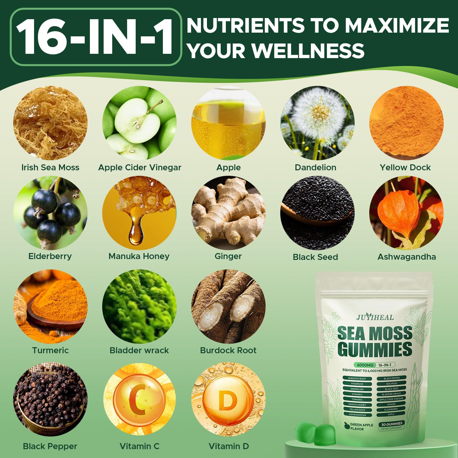 JUYIHEAL close-up shows ashwagandha and sea moss ingredients for balanced daily wellness.