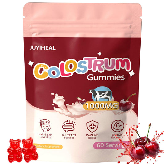 JUYIHEAL Colostrum Gummies bottle with 60 servings and cherry flavor for daily support.