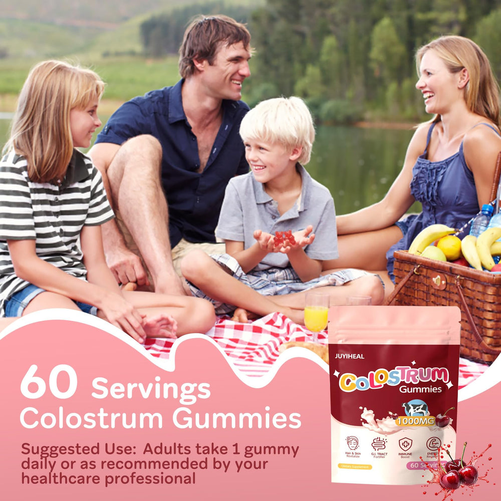 JUYIHEAL Colostrum Gummies front packaging for easy grab-and-go snacking.