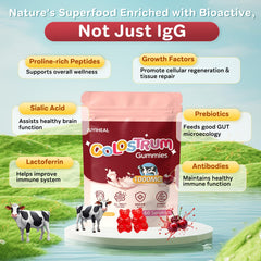 JUYIHEAL Colostrum Gummies gut-health benefits icon highlights perks.
